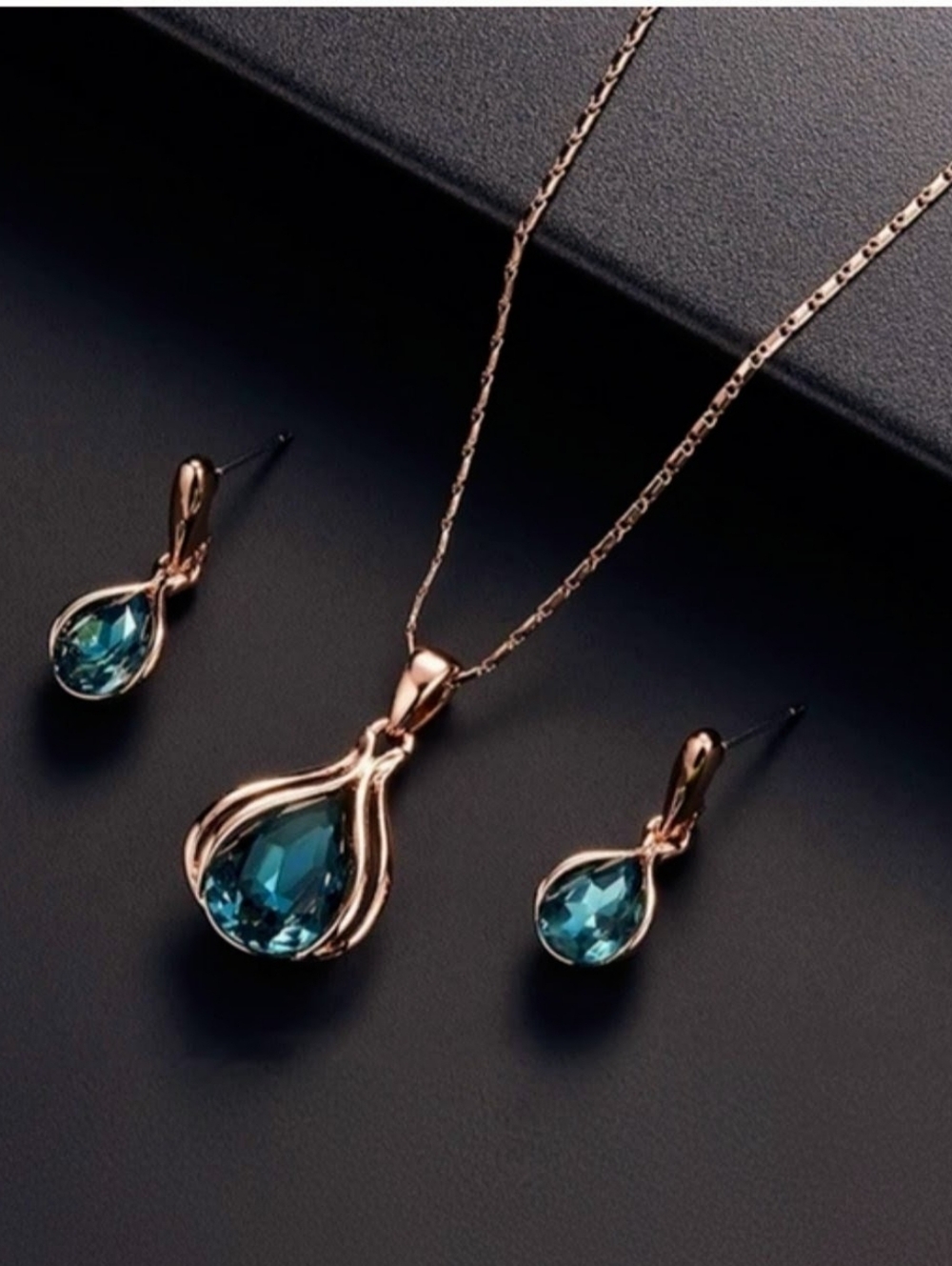 2-pc Set Cyan Blue CZ Rose Gold Earrings & Pendant Necklace